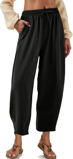 ALSOGO Womens High Waisted Baggy Pants Casual Ankle Length Pants Palazzo Trousers Slacks with Pockets Summer