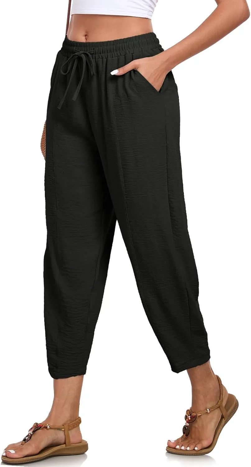 ALSOGO Womens High Waisted Baggy Pants Casual Ankle Length Pants Palazzo Trousers Slacks with Pockets Summer
