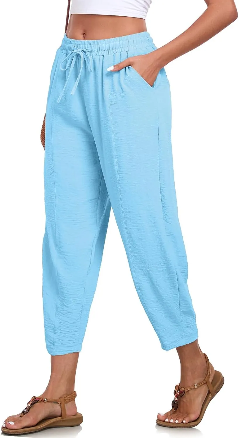 ALSOGO Womens High Waisted Baggy Pants Casual Ankle Length Pants Palazzo Trousers Slacks with Pockets Summer