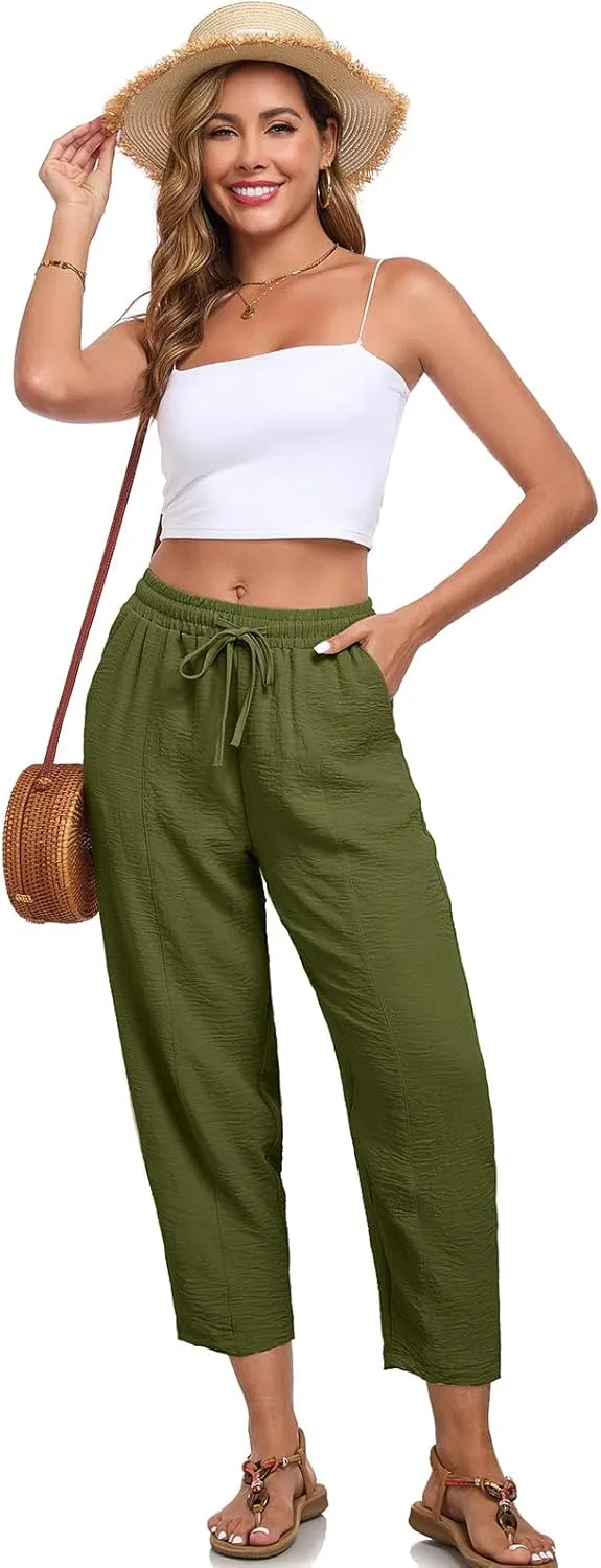 ALSOGO Womens High Waisted Baggy Pants Casual Ankle Length Pants Palazzo Trousers Slacks with Pockets Summer