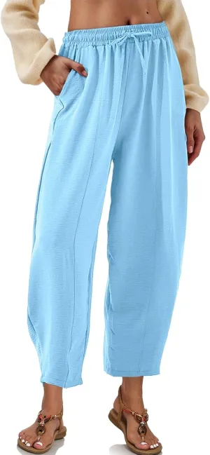 ALSOGO Womens High Waisted Baggy Pants Casual Ankle Length Pants Palazzo Trousers Slacks with Pockets Summer