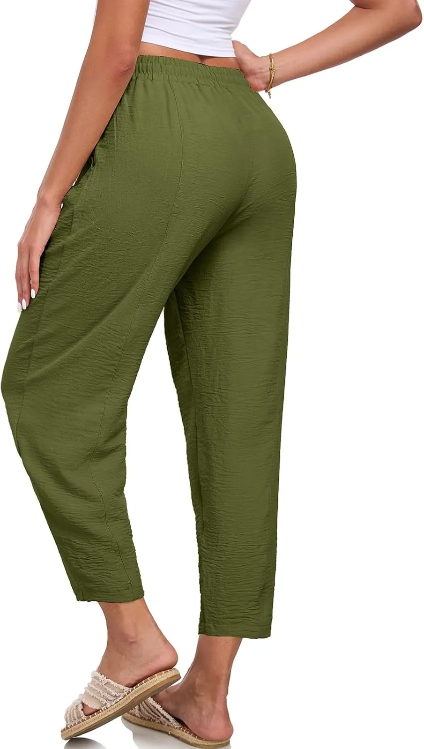 ALSOGO Womens High Waisted Baggy Pants Casual Ankle Length Pants Palazzo Trousers Slacks with Pockets Summer