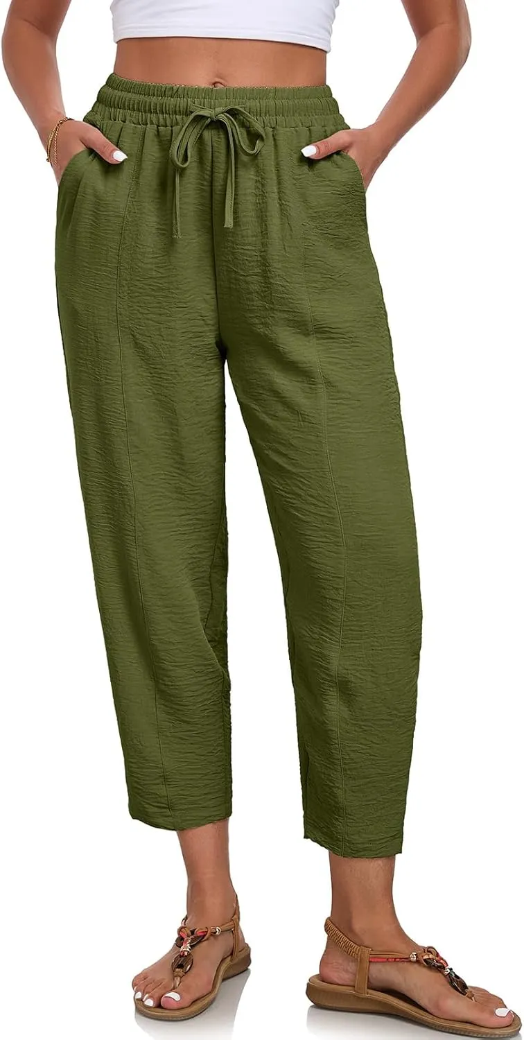 ALSOGO Womens High Waisted Baggy Pants Casual Ankle Length Pants Palazzo Trousers Slacks with Pockets Summer