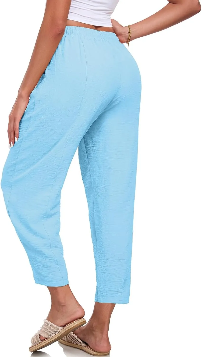 ALSOGO Womens High Waisted Baggy Pants Casual Ankle Length Pants Palazzo Trousers Slacks with Pockets Summer