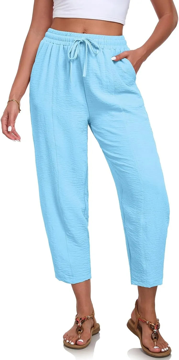 ALSOGO Womens High Waisted Baggy Pants Casual Ankle Length Pants Palazzo Trousers Slacks with Pockets Summer