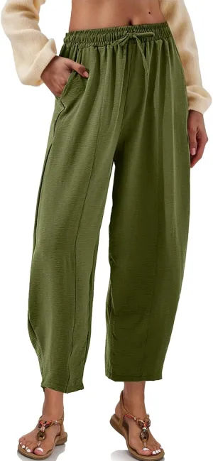 ALSOGO Womens High Waisted Baggy Pants Casual Ankle Length Pants Palazzo Trousers Slacks with Pockets Summer