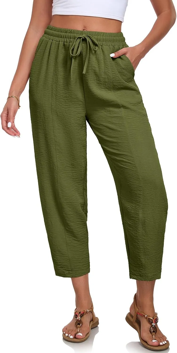 ALSOGO Womens High Waisted Baggy Pants Casual Ankle Length Pants Palazzo Trousers Slacks with Pockets Summer