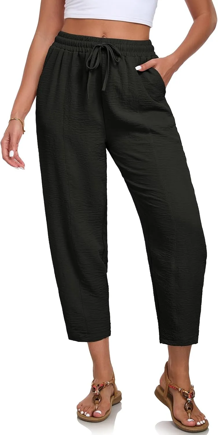 ALSOGO Womens High Waisted Baggy Pants Casual Ankle Length Pants Palazzo Trousers Slacks with Pockets Summer