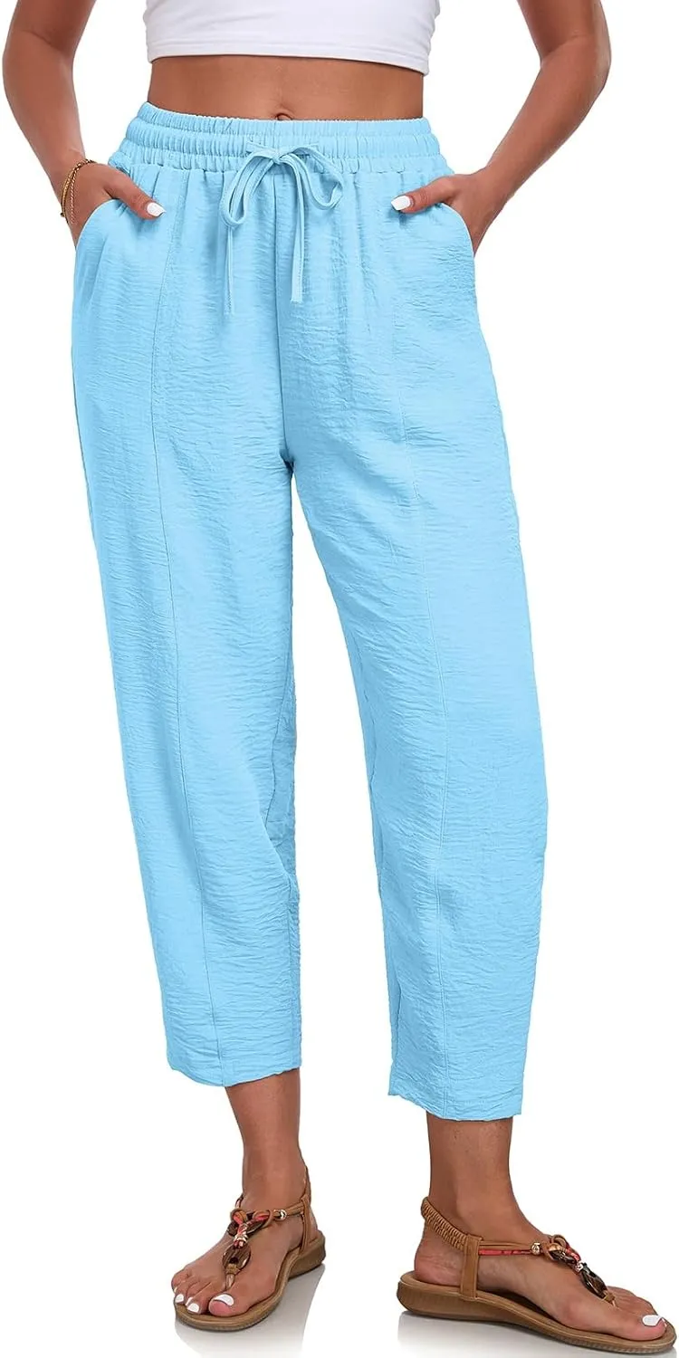 ALSOGO Womens High Waisted Baggy Pants Casual Ankle Length Pants Palazzo Trousers Slacks with Pockets Summer