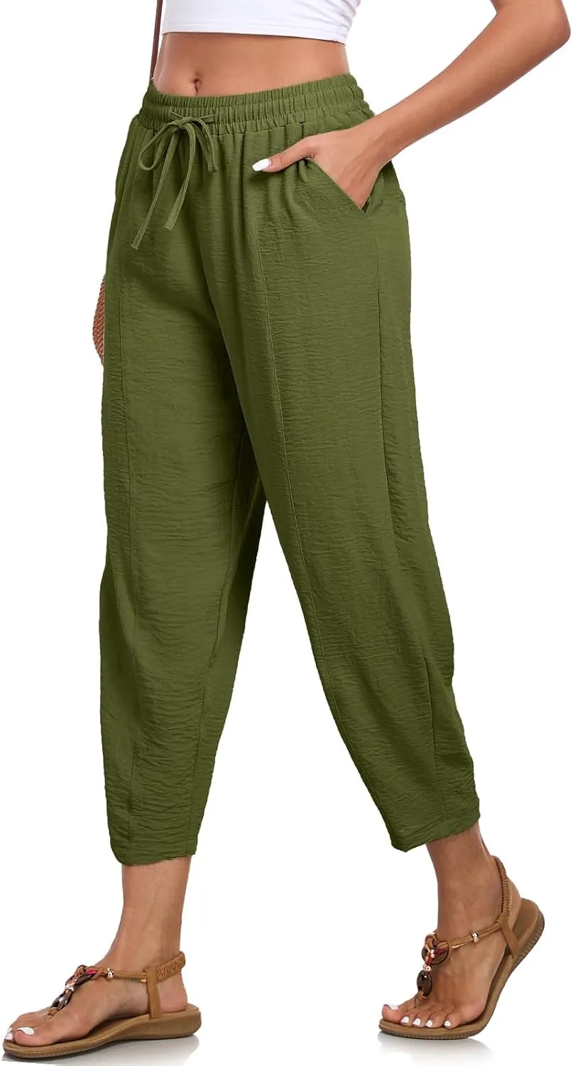 ALSOGO Womens High Waisted Baggy Pants Casual Ankle Length Pants Palazzo Trousers Slacks with Pockets Summer
