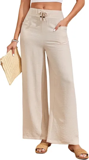 ALSOGO Women's Palazzo Pants Dressy Drawstring Elastic Waist Casual Wide Leg Trousers with Pockets 2025 Summer
