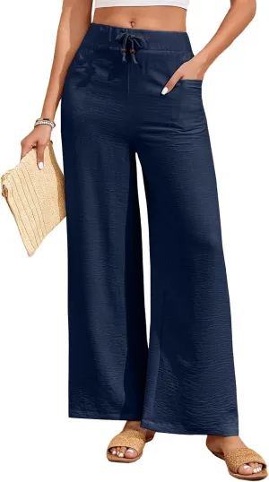 ALSOGO Women's Palazzo Pants Dressy Drawstring Elastic Waist Casual Wide Leg Trousers with Pockets 2025 Summer