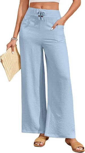ALSOGO Women's Palazzo Pants Dressy Drawstring Elastic Waist Casual Wide Leg Trousers with Pockets 2025 Summer