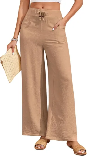 ALSOGO Women's Palazzo Pants Dressy Drawstring Elastic Waist Casual Wide Leg Trousers with Pockets 2025 Summer