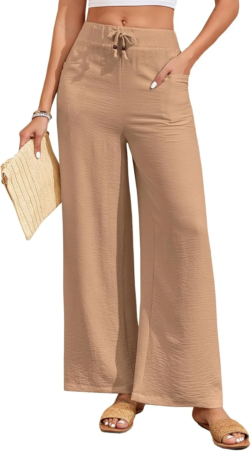 ALSOGO Women's Palazzo Pants Dressy Drawstring Elastic Waist Casual Wide Leg Trousers with Pockets 2025 Summer