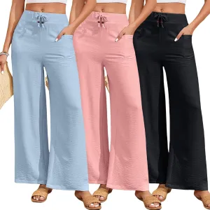 ALSOGO Women's Palazzo Pants Dressy Drawstring Elastic Waist Casual Wide Leg Trousers with Pockets 2025 Summer