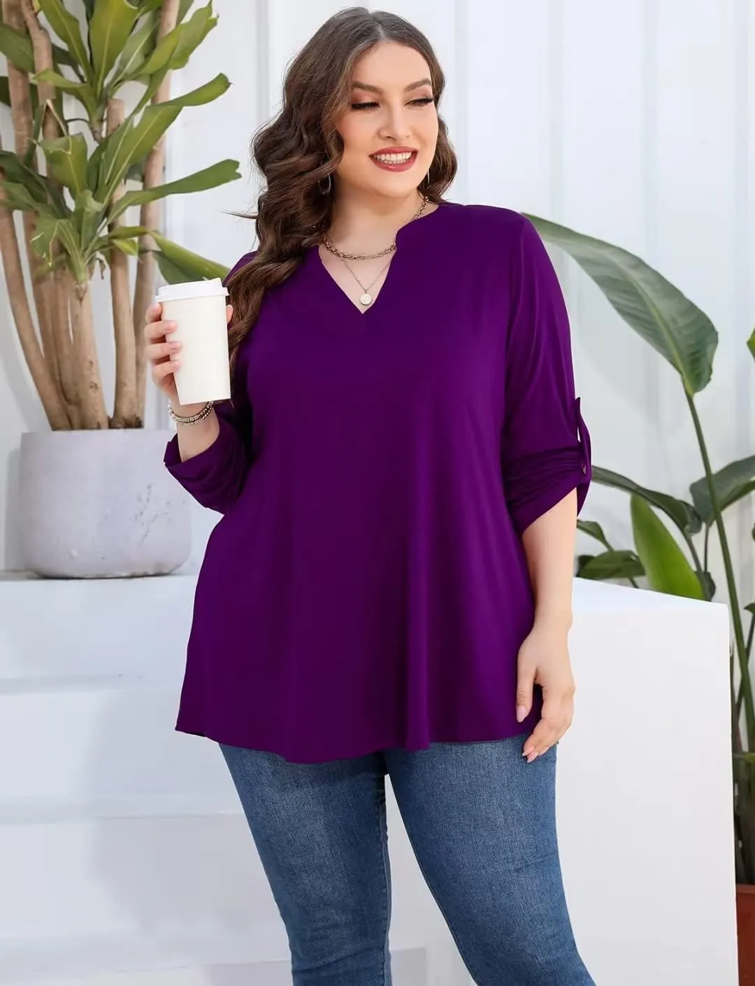 AMCLOS Womens Plus Size Tops V Neck T-Shirts Blouses Casual Soft Flowy Tunic Long Roll Tab Sleeves with Buttons