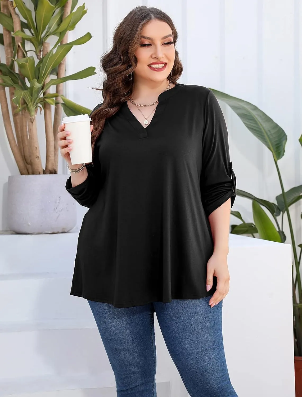 AMCLOS Womens Plus Size Tops V Neck T-Shirts Blouses Casual Soft Flowy Tunic Long Roll Tab Sleeves with Buttons