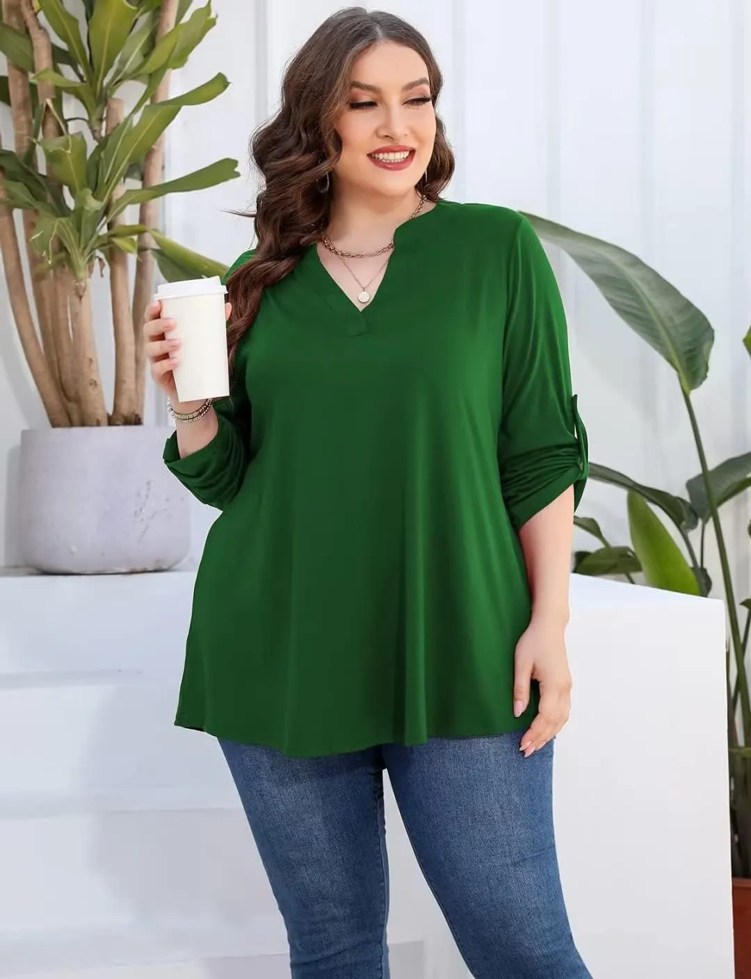 AMCLOS Womens Plus Size Tops V Neck T-Shirts Blouses Casual Soft Flowy Tunic Long Roll Tab Sleeves with Buttons