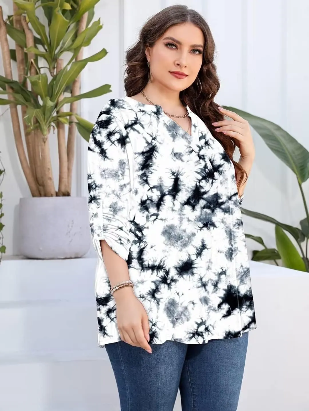 AMCLOS Womens Plus Size Tops V Neck T-Shirts Blouses Casual Soft Flowy Tunic Long Roll Tab Sleeves with Buttons