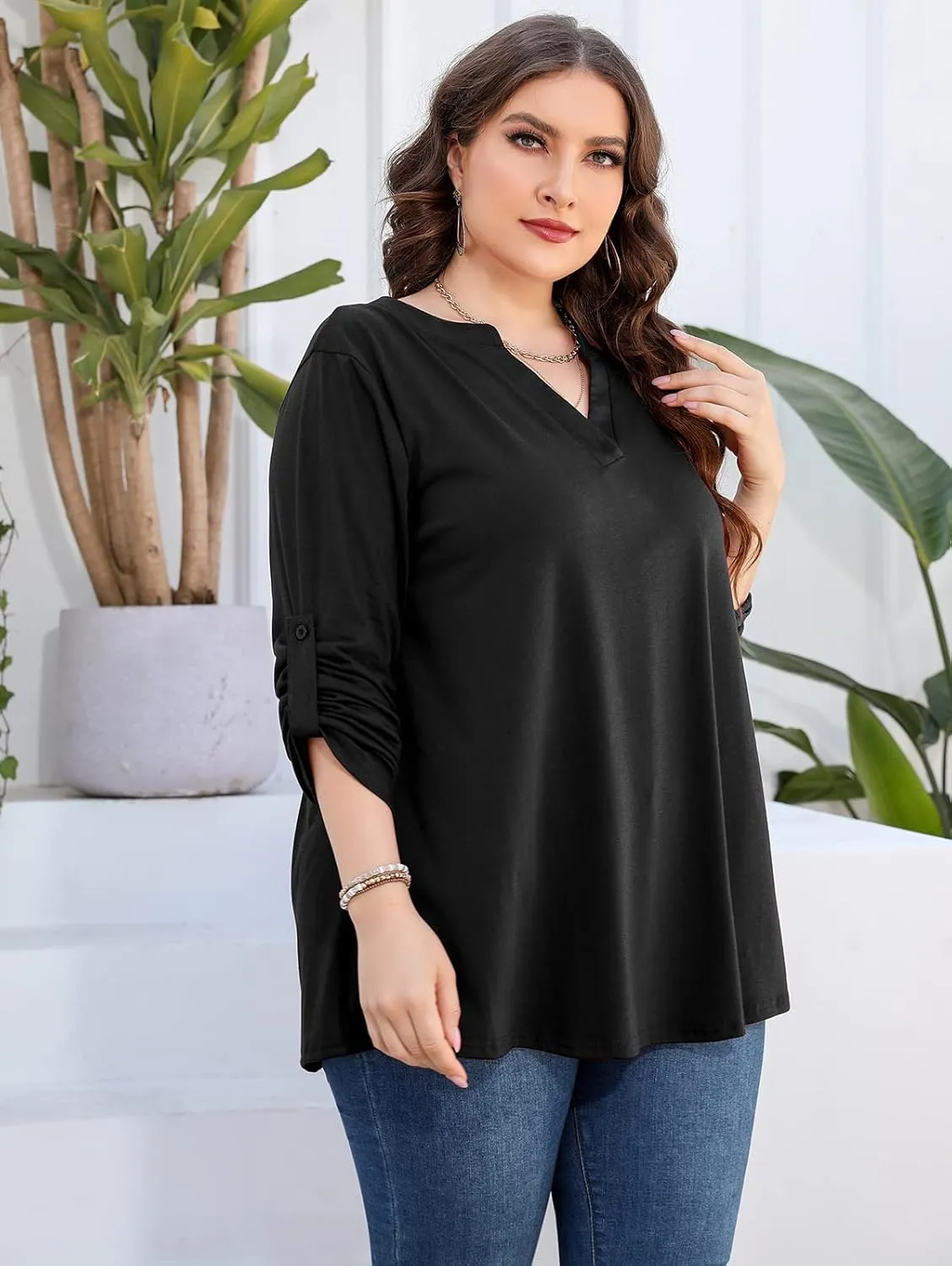 AMCLOS Womens Plus Size Tops V Neck T-Shirts Blouses Casual Soft Flowy Tunic Long Roll Tab Sleeves with Buttons