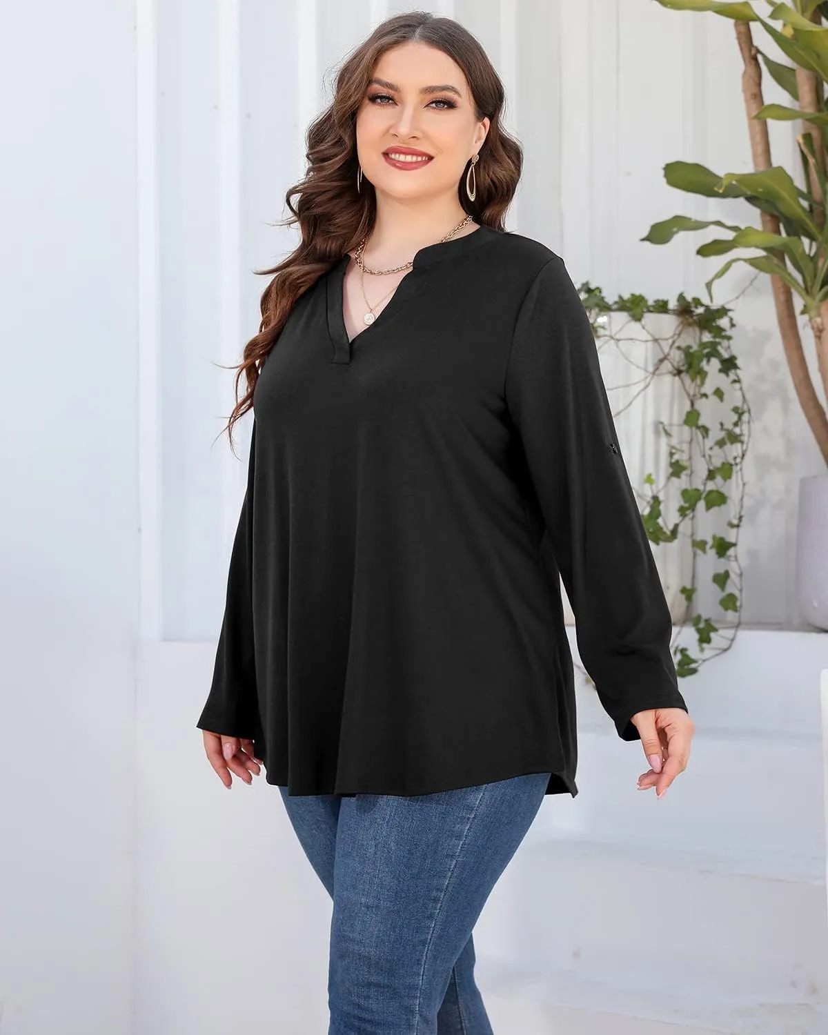 AMCLOS Womens Plus Size Tops V Neck T-Shirts Blouses Casual Soft Flowy Tunic Long Roll Tab Sleeves with Buttons