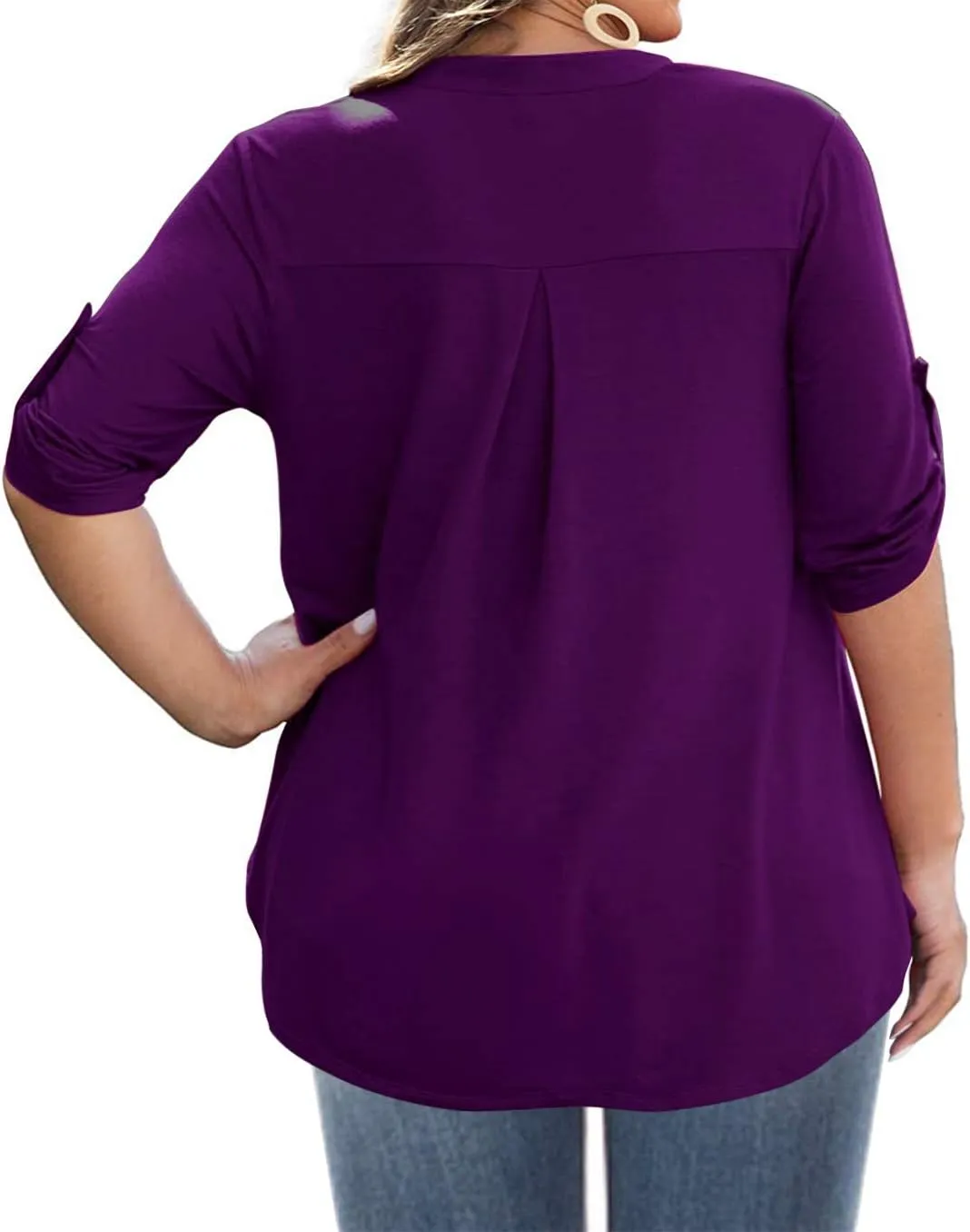 AMCLOS Womens Plus Size Tops V Neck T-Shirts Blouses Casual Soft Flowy Tunic Long Roll Tab Sleeves with Buttons