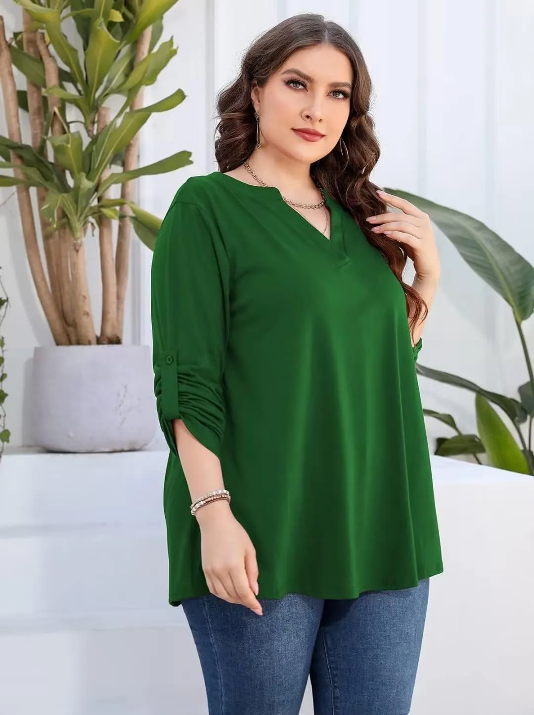 AMCLOS Womens Plus Size Tops V Neck T-Shirts Blouses Casual Soft Flowy Tunic Long Roll Tab Sleeves with Buttons
