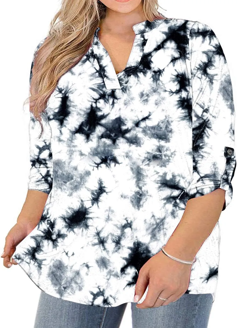 AMCLOS Womens Plus Size Tops V Neck T-Shirts Blouses Casual Soft Flowy Tunic Long Roll Tab Sleeves with Buttons