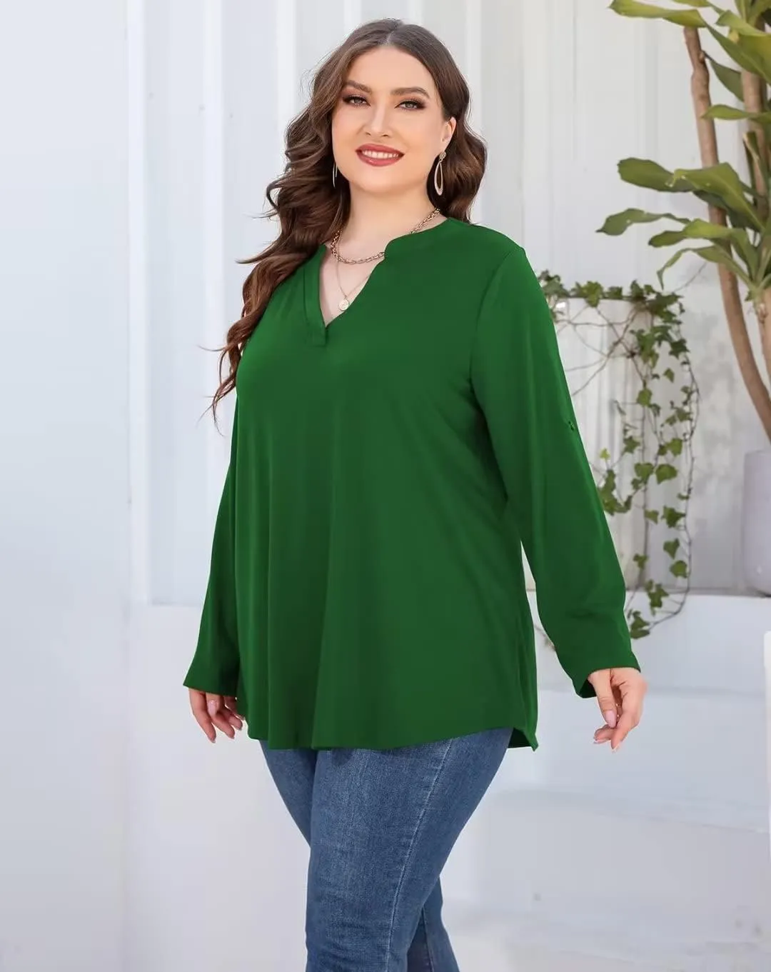 AMCLOS Womens Plus Size Tops V Neck T-Shirts Blouses Casual Soft Flowy Tunic Long Roll Tab Sleeves with Buttons