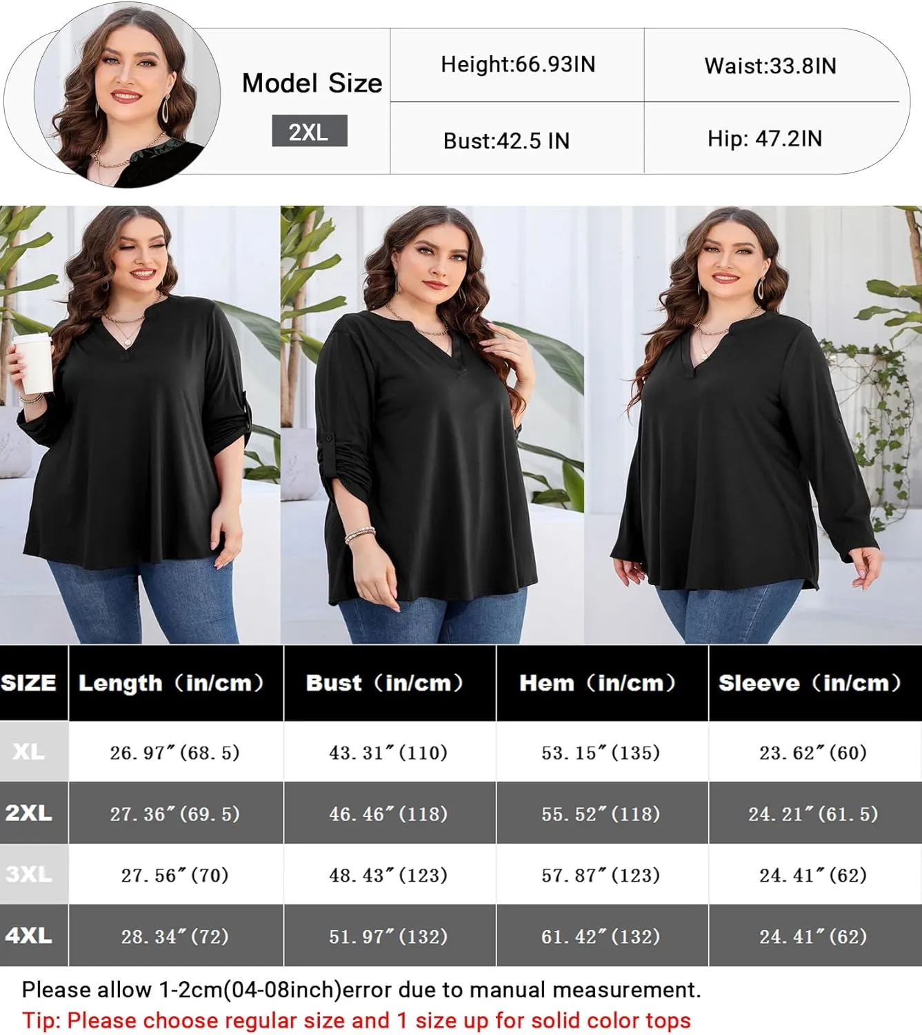 AMCLOS Womens Plus Size Tops V Neck T-Shirts Blouses Casual Soft Flowy Tunic Long Roll Tab Sleeves with Buttons