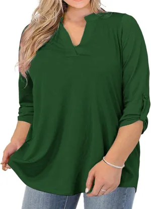 AMCLOS Womens Plus Size Tops V Neck T-Shirts Blouses Casual Soft Flowy Tunic Long Roll Tab Sleeves with Buttons