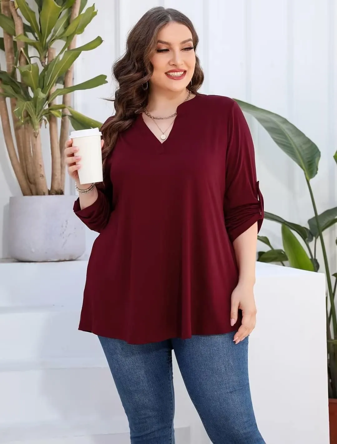 AMCLOS Womens Plus Size Tops V Neck T-Shirts Blouses Casual Soft Flowy Tunic Long Roll Tab Sleeves with Buttons