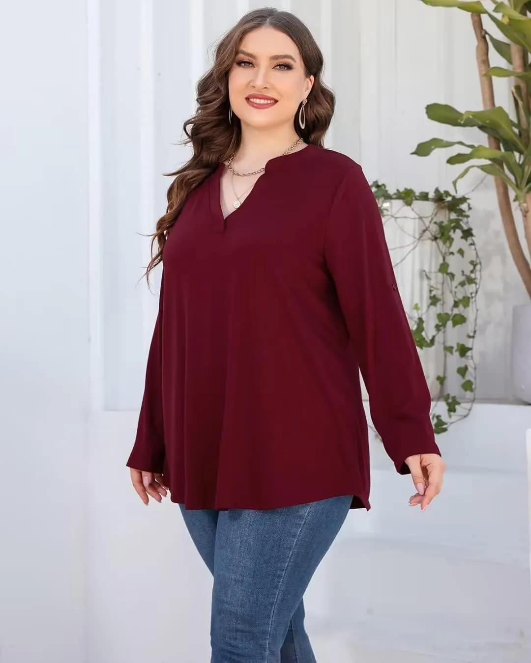 AMCLOS Womens Plus Size Tops V Neck T-Shirts Blouses Casual Soft Flowy Tunic Long Roll Tab Sleeves with Buttons