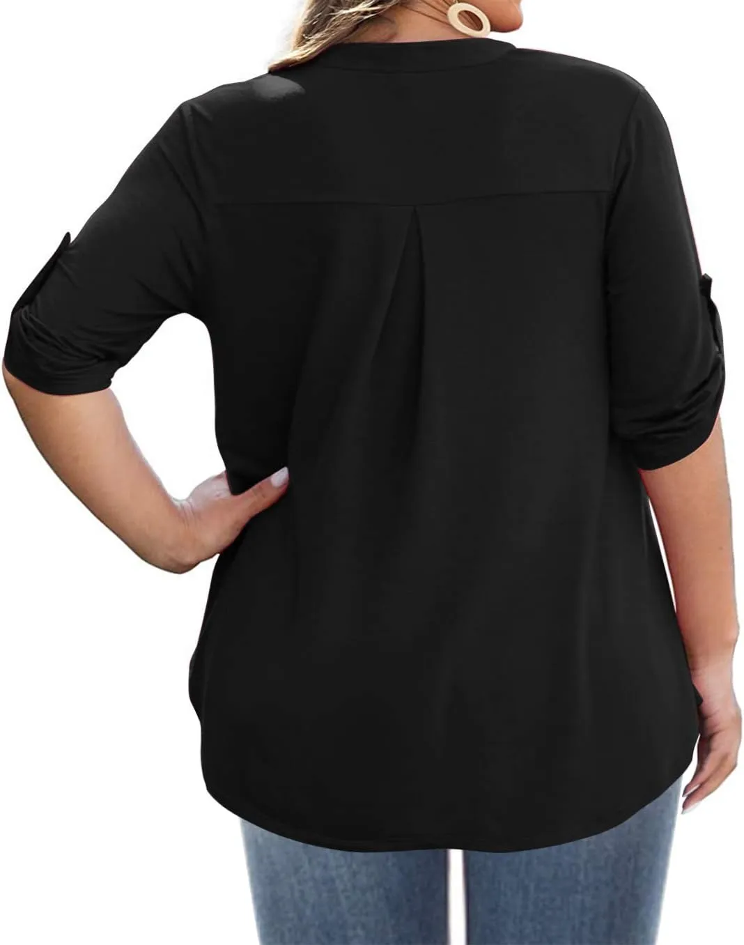 AMCLOS Womens Plus Size Tops V Neck T-Shirts Blouses Casual Soft Flowy Tunic Long Roll Tab Sleeves with Buttons