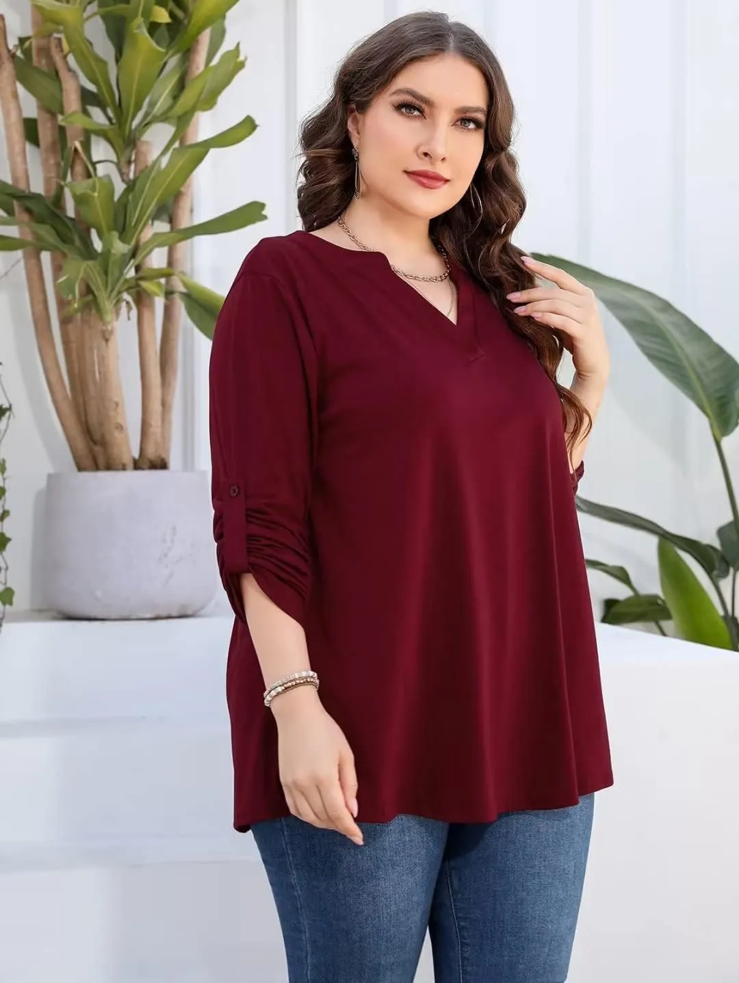 AMCLOS Womens Plus Size Tops V Neck T-Shirts Blouses Casual Soft Flowy Tunic Long Roll Tab Sleeves with Buttons