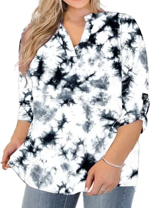 AMCLOS Womens Plus Size Tops V Neck T-Shirts Blouses Casual Soft Flowy Tunic Long Roll Tab Sleeves with Buttons