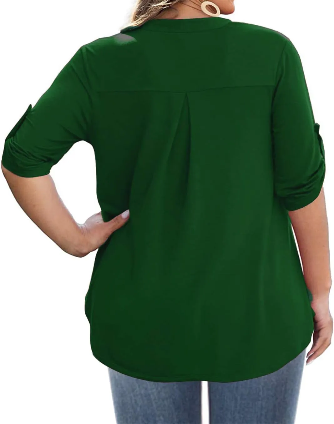 AMCLOS Womens Plus Size Tops V Neck T-Shirts Blouses Casual Soft Flowy Tunic Long Roll Tab Sleeves with Buttons
