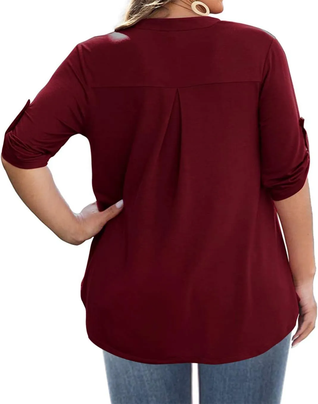AMCLOS Womens Plus Size Tops V Neck T-Shirts Blouses Casual Soft Flowy Tunic Long Roll Tab Sleeves with Buttons