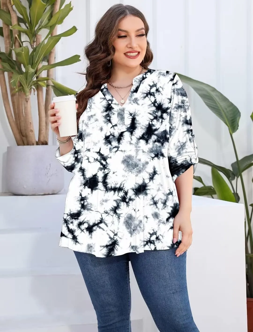 AMCLOS Womens Plus Size Tops V Neck T-Shirts Blouses Casual Soft Flowy Tunic Long Roll Tab Sleeves with Buttons