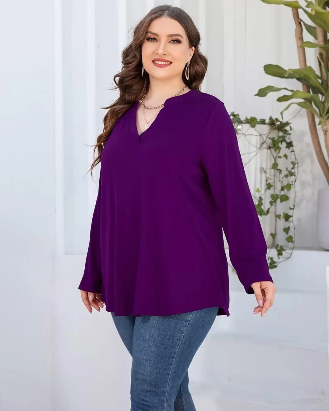 AMCLOS Womens Plus Size Tops V Neck T-Shirts Blouses Casual Soft Flowy Tunic Long Roll Tab Sleeves with Buttons