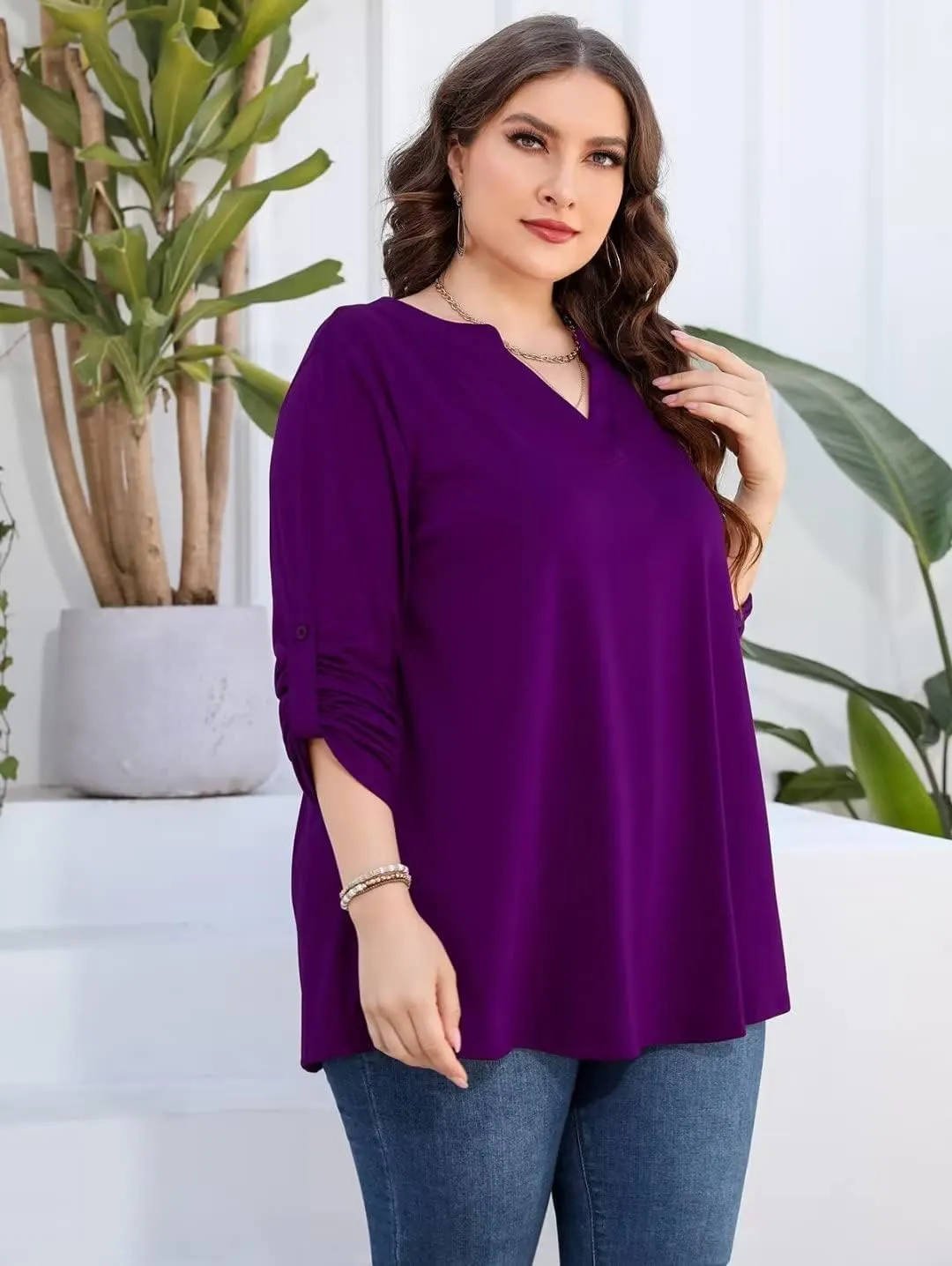 AMCLOS Womens Plus Size Tops V Neck T-Shirts Blouses Casual Soft Flowy Tunic Long Roll Tab Sleeves with Buttons