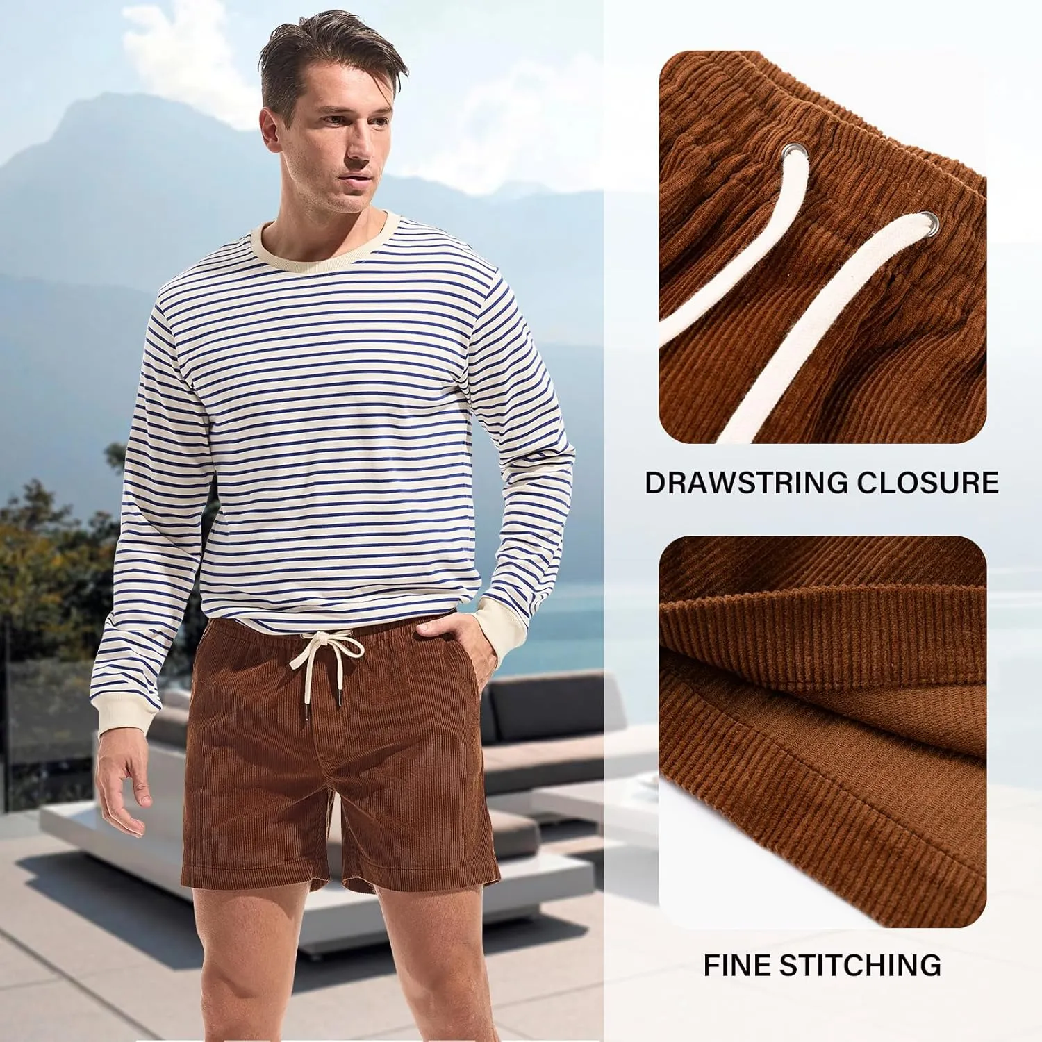 AMY COULEE Mens Corduroy Shorts 5.5" Elastic Waist Casual Shorts Summer Beach Shorts with Pockets