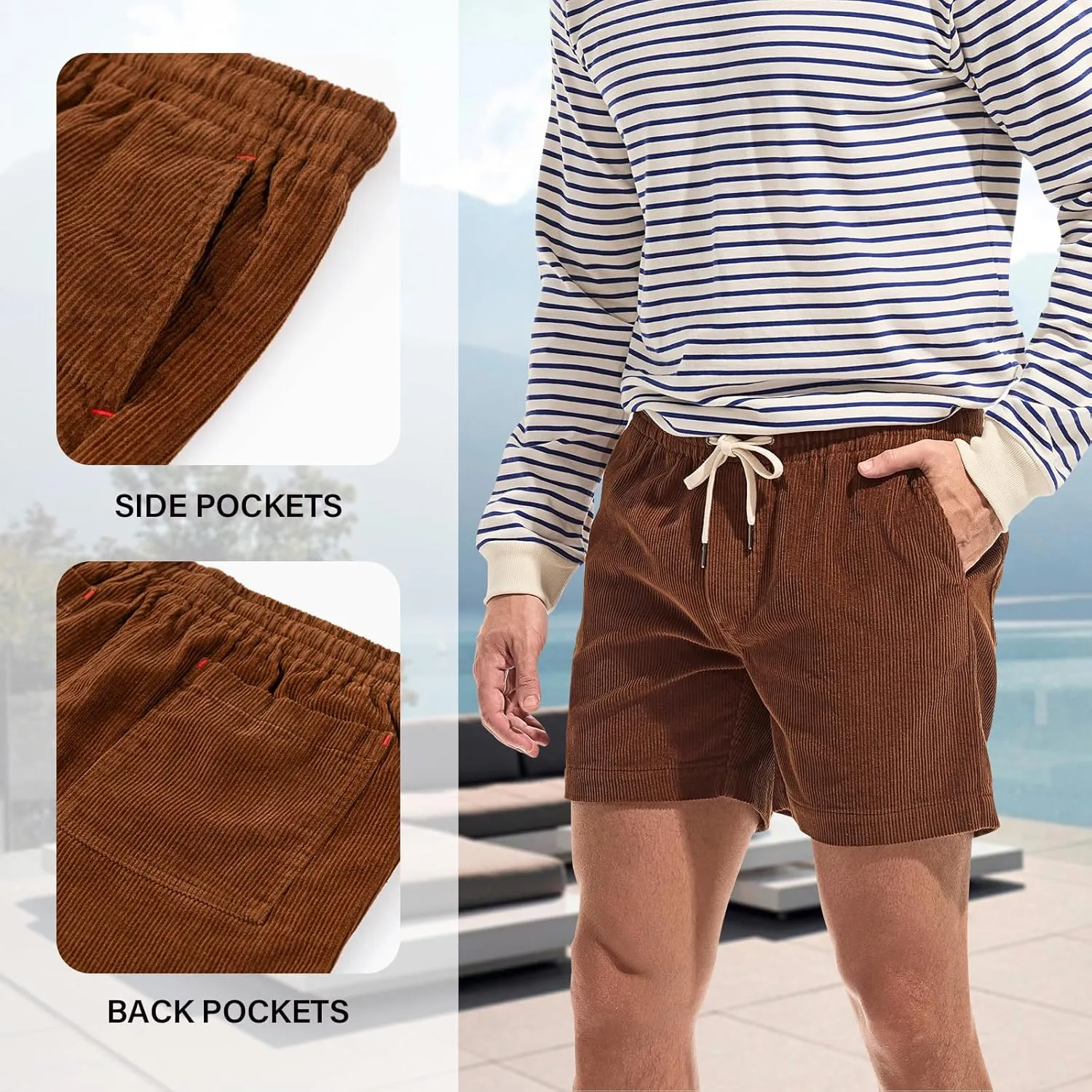 AMY COULEE Mens Corduroy Shorts 5.5" Elastic Waist Casual Shorts Summer Beach Shorts with Pockets