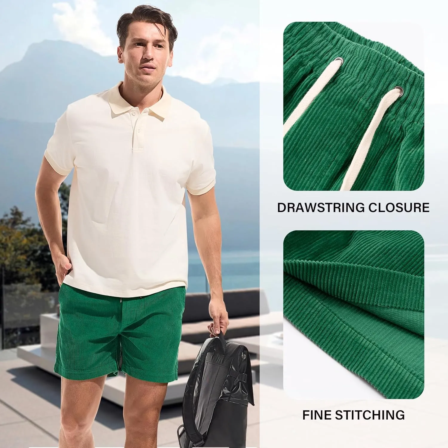 AMY COULEE Mens Corduroy Shorts 5.5" Elastic Waist Casual Shorts Summer Beach Shorts with Pockets