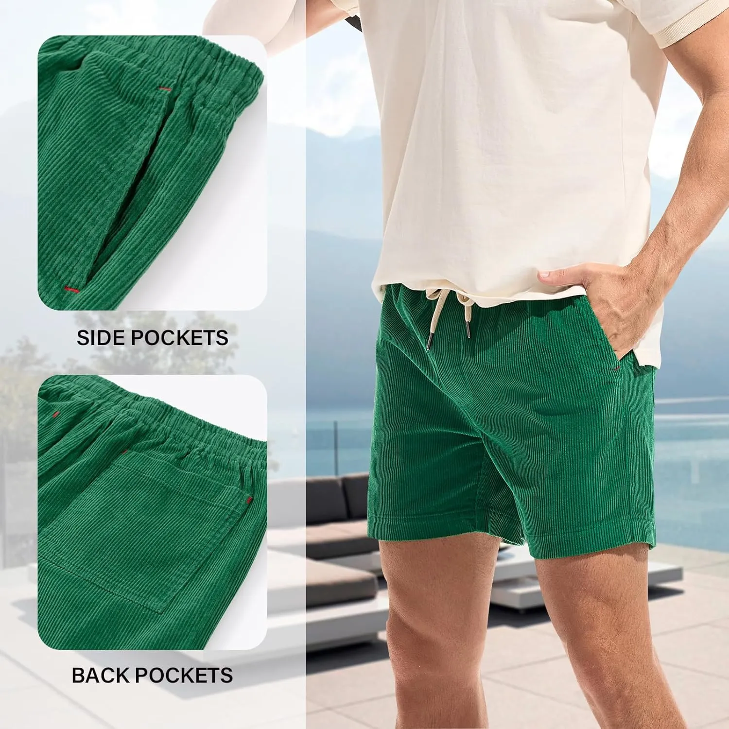 AMY COULEE Mens Corduroy Shorts 5.5" Elastic Waist Casual Shorts Summer Beach Shorts with Pockets
