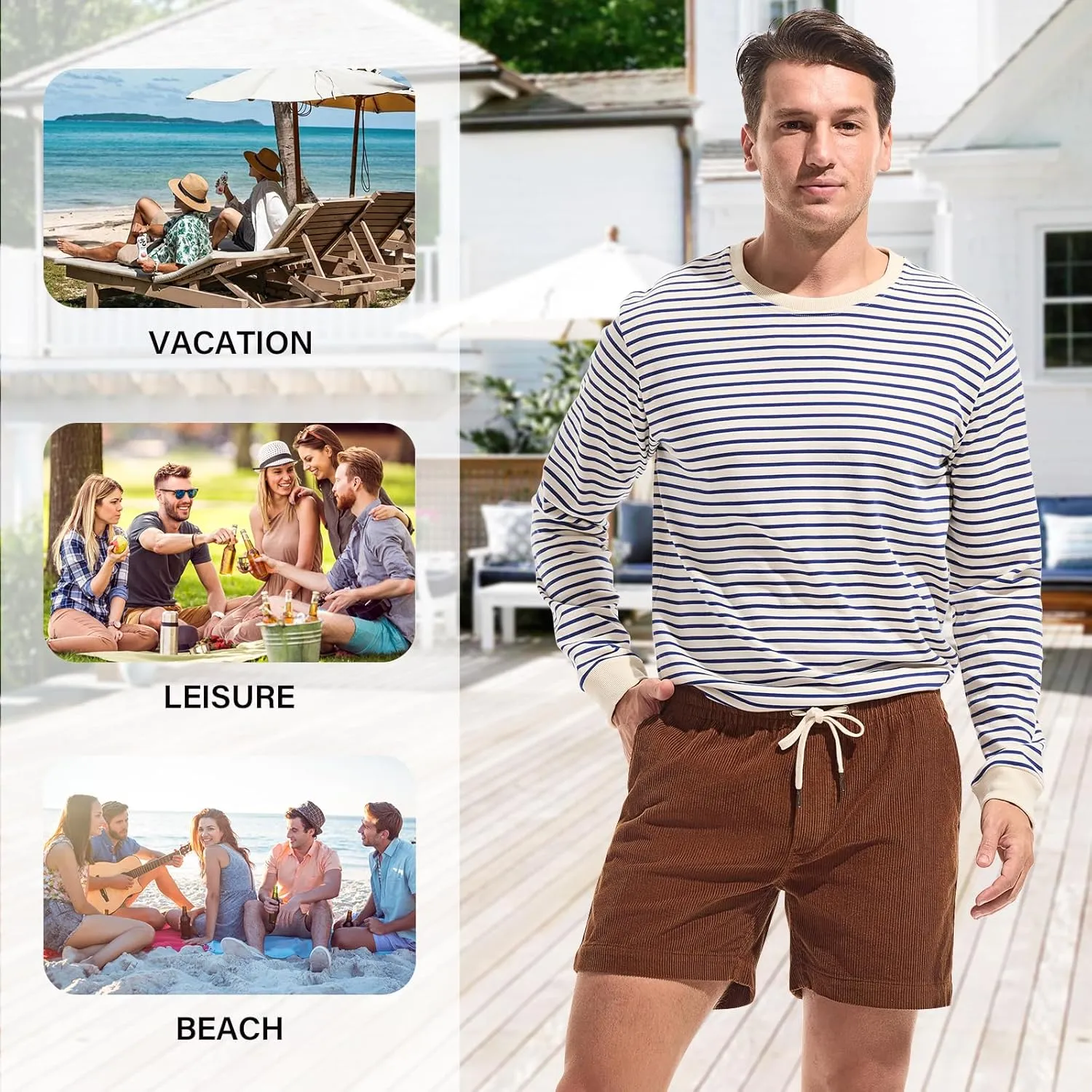 AMY COULEE Mens Corduroy Shorts 5.5" Elastic Waist Casual Shorts Summer Beach Shorts with Pockets