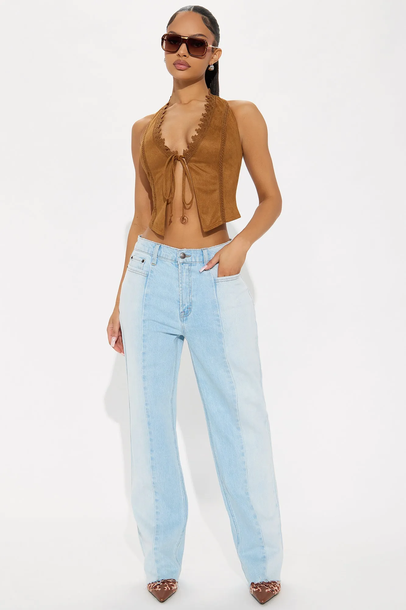 Andi Two Tone Straight Leg Jeans - Light Wash