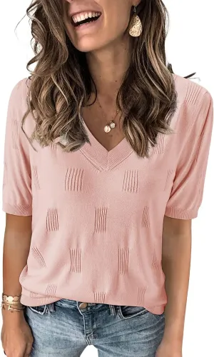 Arach&Cloz Women's Tops 2025 Spring Summer Short Sleeve Sweater Fashion Trendy Dressy Casual Outfit Versatile Knit Blouse