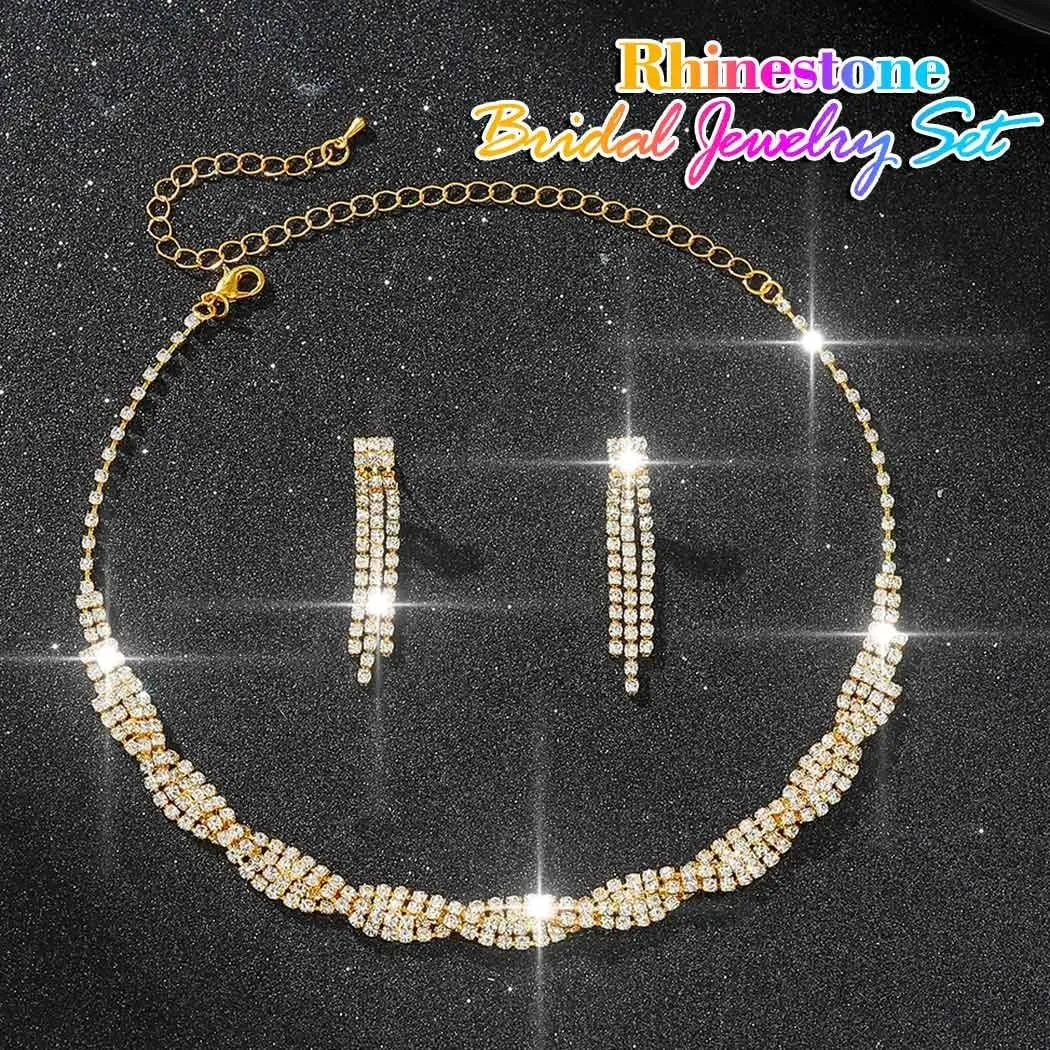 Aukmla Bridal Wedding Jewelry Sets Rhinestones Choker Necklace Earrings Set Prom Formal Jewelry for Women